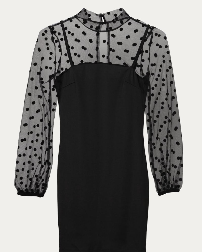 Front of a size L Polka Dot Mesh Sleeve Mini Dress in Black in Black by Melody Fashion. | dia_product_style_image_id:339281